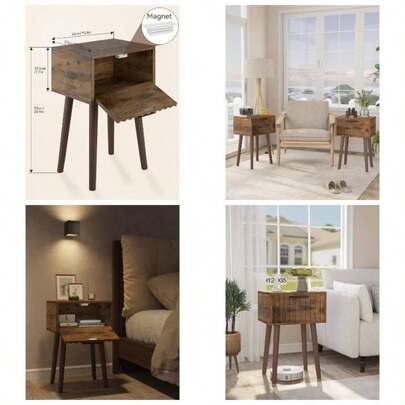 Fluted Nightstand, Small End Table, Modern Coffee Table With Drawer, Solid Wood, Bedroom And Small Spaces, Rustic Brown HST014H - 2