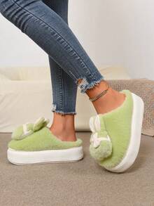 Comfortable Thermal Slippers With Soft Faux Fur, Bow Decor, Thick Sole, Non-Slip, Warm For Home Use In Autumn/Winter