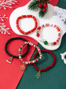 5pcs/Set Christmas Glass Bead, Crystal & Pearl Combination Beaded Elastic Bracelet, Fashion Christmas Gift For Women