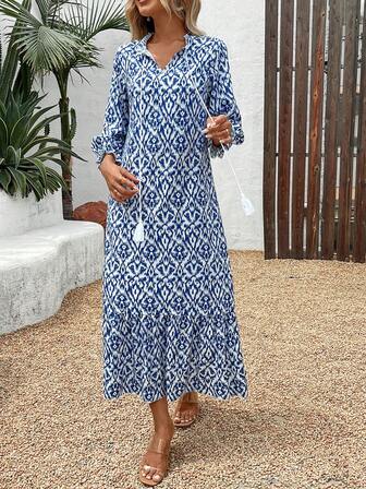 Women V-Neck Lantern Sleeve Floral Print Long Sleeve Dress