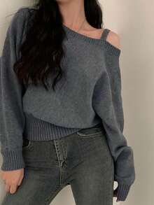复古美感露肩设计宽松休闲百搭长袖毛衣，适合秋季女士 - 深灰色 - 查看 5