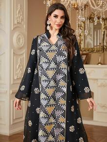 SISKAKIA 1pc Geometric Pattern Woven Fabric Embroidered Dress, Elegant For Holidays, Weddings, Vacations, Birthdays, Parties, Formal Occasions, All Seasons