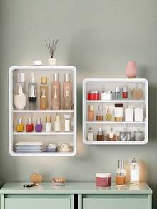 1pc Wall Mount Makeup Organizer, No Drill Adhesive Clear Cosmetic Display Case With Adjustable Shelves, Multi-Functional Bathroom Storage Box For Countertop, Space Saving Vanity Organizer For Home Office - 白色 - 查看 2