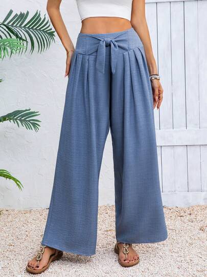 Women's Fashion New Drawstring Wide Leg Pants, Solid Color Tie-Up Design Casual Bottoms, High Waist Versatile Trousers For Daily Wear