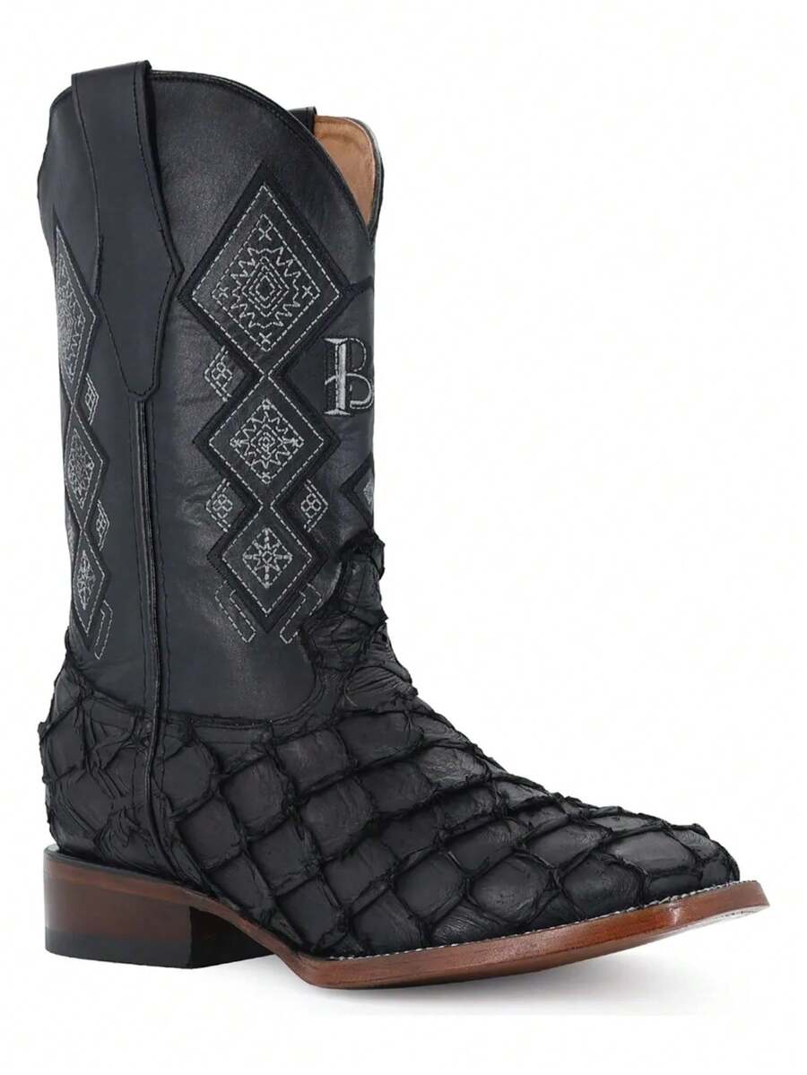Bota Vaquera Hombre Piel De Pescado Natural Alta Calidad Cuero Auténtico Ajuste Perfecto Comodidad Superior Montura Equitación Invierno Estilo Urbano - Negro - Ver 1