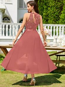 MIUSOL Vestido longo de festa de noite com decote halter, renda floral com lantejoulas e bainha assimétrica plissada, vestido assimétrico para mulher, vestido de gala formal, vestido de baile, vestido de casamento - Rosa Empoeirado - Ver 3