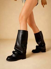 Slouchy Mid-Calf Boots For Women Fold Over Round Toe Pull On Chunky Heels Wide Calf Boots Casual Low Heel Knee High Knight Boots For Women Outdoor   - 黑色 - 查看 4