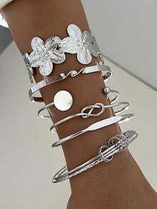 6 pezzi Set di braccialetti vintage con motivi geometrici e floreali esagerati, adatti per uso quotidiano delle donne, come regalo, impilabili - Argento 4 - Visualizzare 7