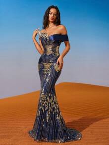 AOSHABABI 藏蓝色金色美人鱼款正式礼服，饰以精美手工叶形串珠，无肩带设计，腰部系带可调节，适合夏季婚礼、派对、宴会、音乐会、商务场合等，高端女士正式晚礼服 - 藏蓝色 - 查看 3