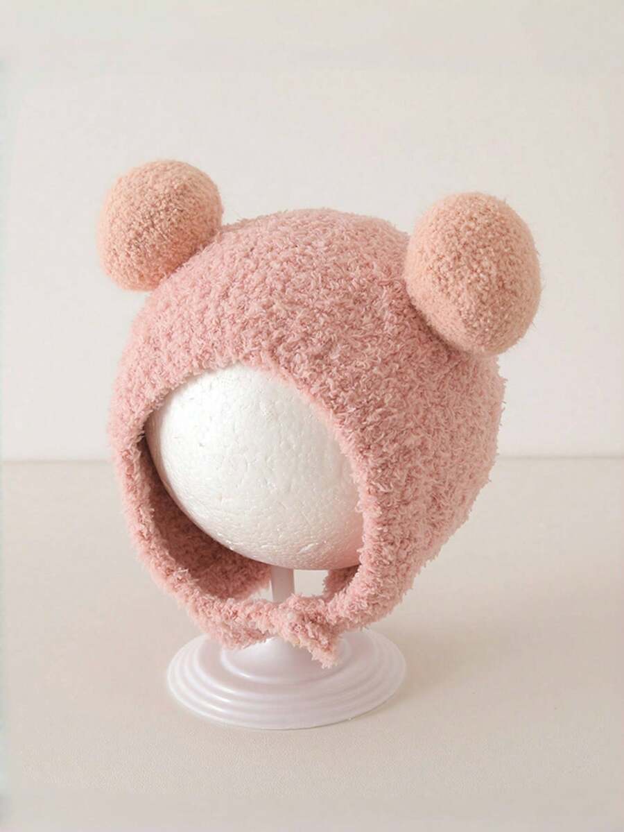 Baby Knitted Beanie Hat With Ear Flaps And Double Pom Poms, Warm Autumn/Winter Cap, Cute - 1PC - View 1