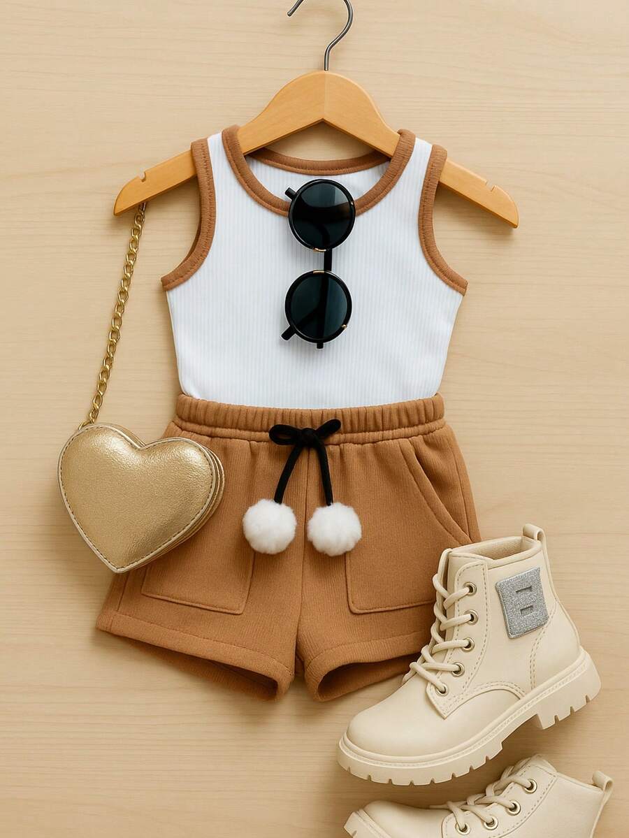 Girls' And Teen Girls' 2-Piece Set: Cropped Tank Top And Shorts With Pompom Detail, Ribbed Knit, Super Delicate, Spring/Summer Fashion CJI034 - Beige - View 1