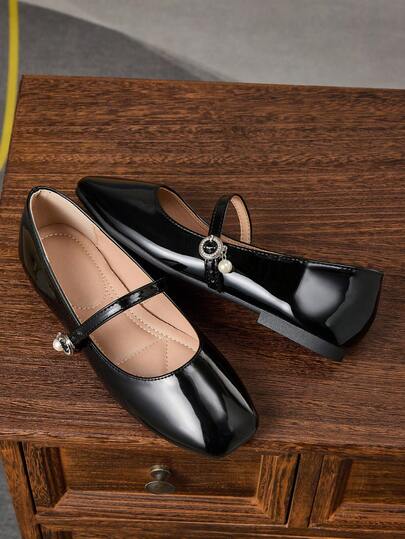 女士时尚方头一脚蹬红色鞋，休闲办公室百搭平底鞋，适合春夏户外穿着，高端优雅玛丽珍芭蕾平底鞋，适合派对、婚礼穿着，黑色碎花