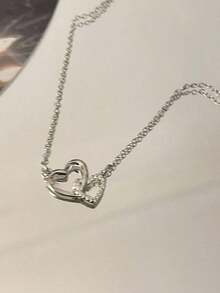 1pc Double Ring Heart Design Tender And Sweet Pendant Necklace With Cubic Zirconia Valentines,Mom,Mother,Mother's Day,Gift,Valentine's Day And New Year Gifts - Yellow Gold - View 5