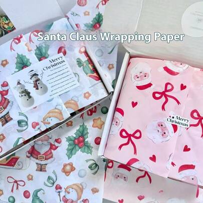 10 piezas de papel de regalo con diseño de Papá Noel para Navidad, papel revestido anti-aceite/fácil de rasgar, material de empaquetado de regalo para fiestas navideñas, brillante y resistente al agua, con diseños de Papá Noel/copos de nieve/rojo y dorado, adecuado para crear ambiente festivo, manualidades y decoración del hogar