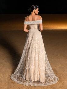 Faeriesty Haute Glamour Gorgeous Beaded Sequined Evening Gown With Off-Shoulder & Floor-Length Flow - Shimmering Underwater Fantasy Dress For Oceanfront Fashion Shows, Luxury Parties & Aquatic Editorials