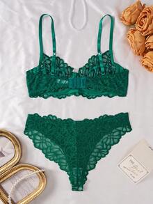 2pcs Valentine's Day Women Sexy Lingerie Green Lace Floral Bra Set, Adjustable Straps Sensual Bra, Valentine's Day Gift