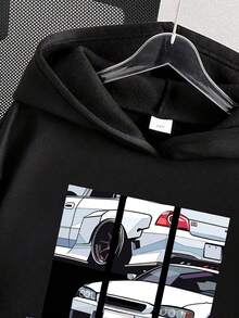 Tween Boy Cartoon Car Print Warm Sweatshirt - Black - View 3