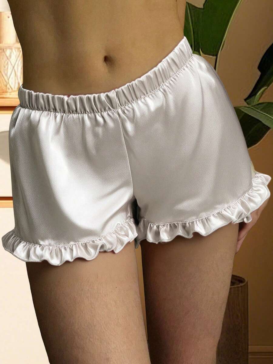 Women's Satin Pajama Shorts Loose Fit Solid Color Ruffled Trim Sleep Shorts For Summer - Ivory - View 1