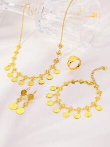 5pcs/Set Copper Gold-Plated 18K Coins Women's Set Round Coin Necklace Bracelet Ring Earrings Jewelry Suitable For Daily Holiday Wear