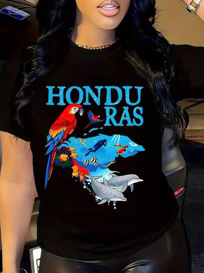 Honduras Tropical Wildlife T-Shirt - Parrot, Dolphins, And Coral Reef Design - White Unisex Tee For Travel, Beach, And Nature Lovers
