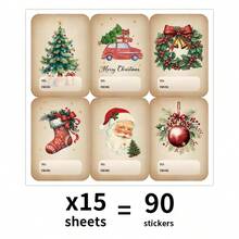 90pcs/15sheets Vintage Christmas Gift Tags, Adhesive Name Tags Festival Labels With Christmas Tree, Jingle Bell, Garland, Boots & Holiday Designs, Retro Paper Tags For Christmas Gift Stickers, Paper Bag Stickers, Closure Stickers, Name Stickers Holiday Decorations, Festive Party Supplies