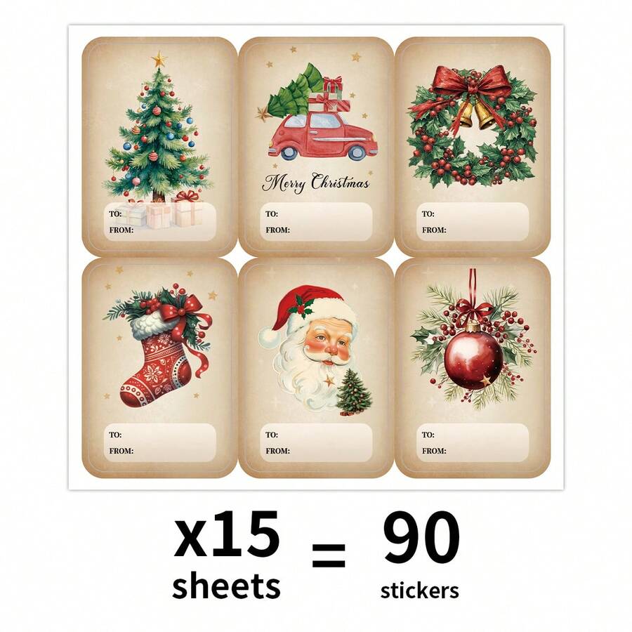 90pcs/15sheets Vintage Christmas Gift Tags, Adhesive Name Tags Festival Labels With Christmas Tree, Jingle Bell, Garland, Boots & Holiday Designs, Retro Paper Tags For Christmas Gift Stickers, Paper Bag Stickers, Closure Stickers, Name Stickers Holiday Decorations, Festive Party Supplies