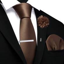 Solid Formal Tie And Pocket Square Plain Necktie Lapel Pin And Set For Men - Brown - View 2