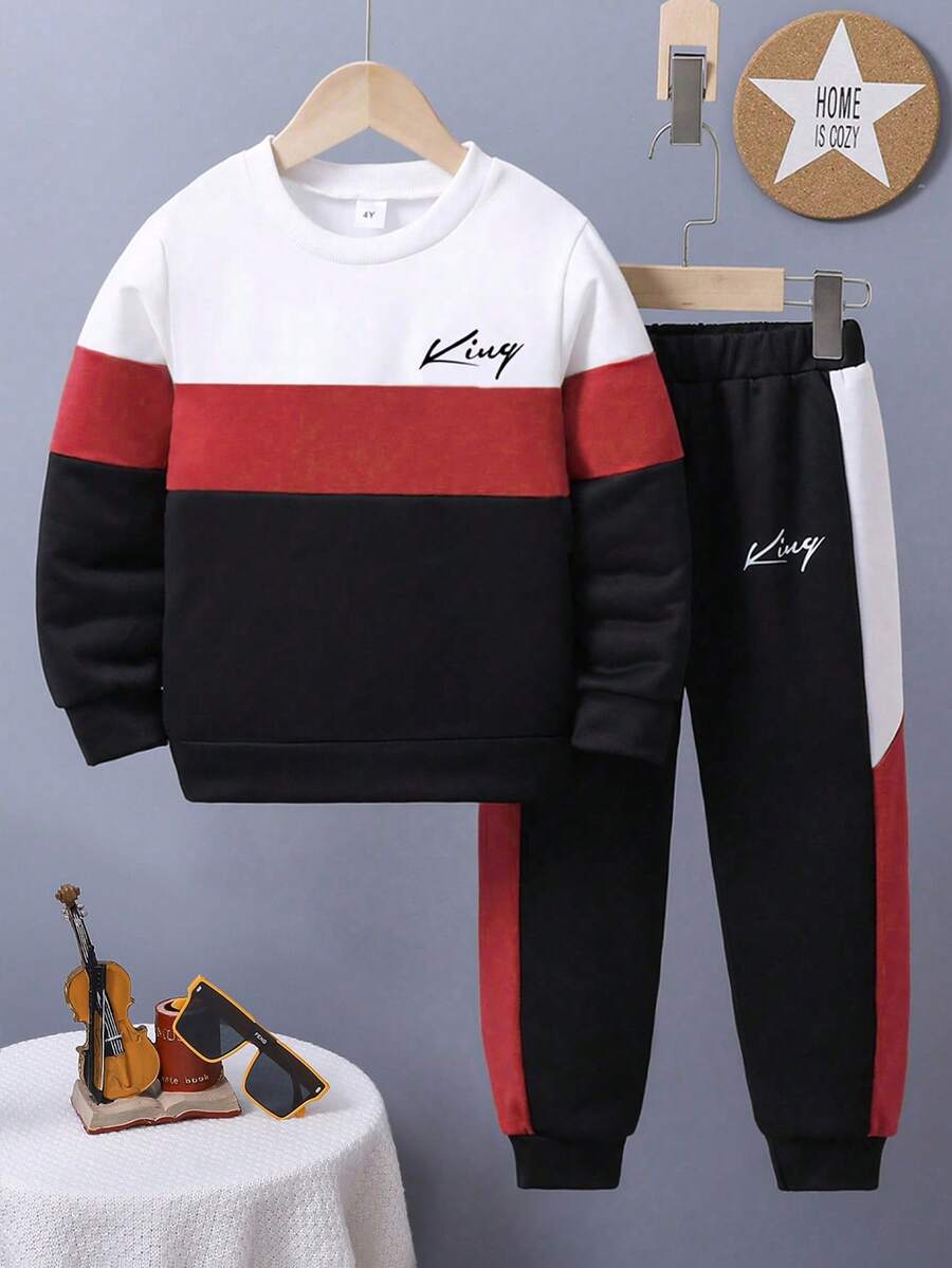 Toddler Boys' Letter Print Color Block Round Neck Sweatshirt And Sweatpants Set - Red - View 1