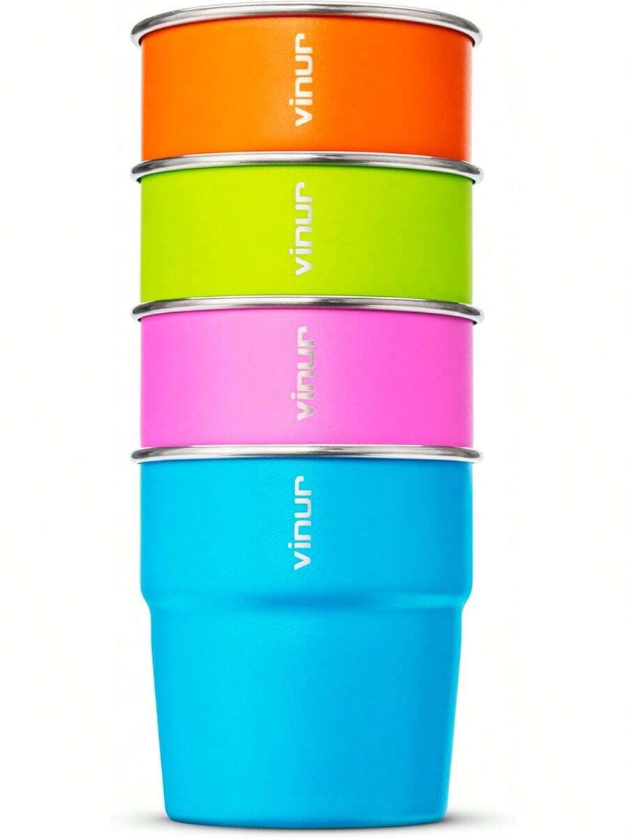 s de acero inoxidable para niños de 8 onzas/240 ml, vasos apilables de metal para viajar, acampar, al aire última intervensión (azul cielo-naranja-rojo caliente-verde manzana) - púrpura-naranja-azul cielo-cañón rojo - Ver 1