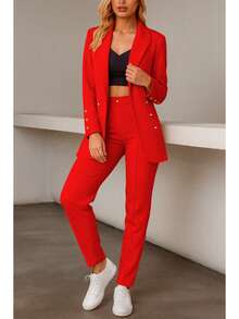 Elegante conjunto de traje liso de manga larga con cuello chal y doble botón para mujer, con bolsillos, para oficina y trabajo. - Rojo - Ver 3