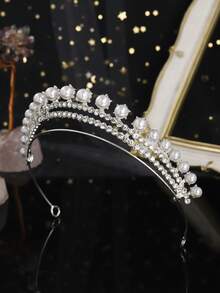 1件银色珍珠水钻双层皇冠，经典新娘婚礼头饰，正式场合皇冠 - 銀色 - 查看 9
