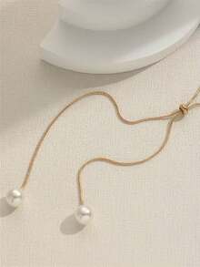 1pc Stainless Steel Minimalist Pearl Adjustable Long Necklace, Unique Design Dainty Pearl Choker Necklace - Gold - View 4