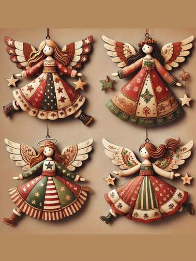 4 Piezas de Adornos de Ángel de Madera Navideños, Adornos de Ángel de Madera Estilo Bohemio Vintage, Hechos a Mano, Adecuados para Decoración Navideña del Hogar, Oficina, Árbol de Navidad, Habitación, Envoltura de Regalos DIY, Accesorios para Coronas, Decoraciones Navideñas Perfectas