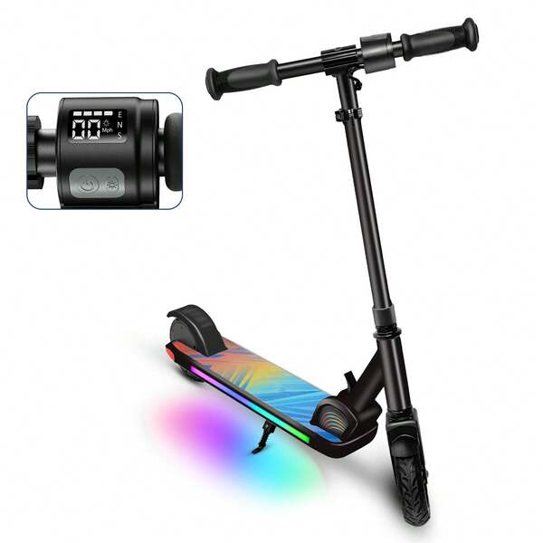 CAROMA Patinete eléctrico para niños de 8 a 12 años, motor de 150 W, 16 km/h, 60 minutos de autonomía, velocidad y altura regulables, luces de colores, pantalla LED, patinete eléctrico infantil plegable para desplazamientos diarios.