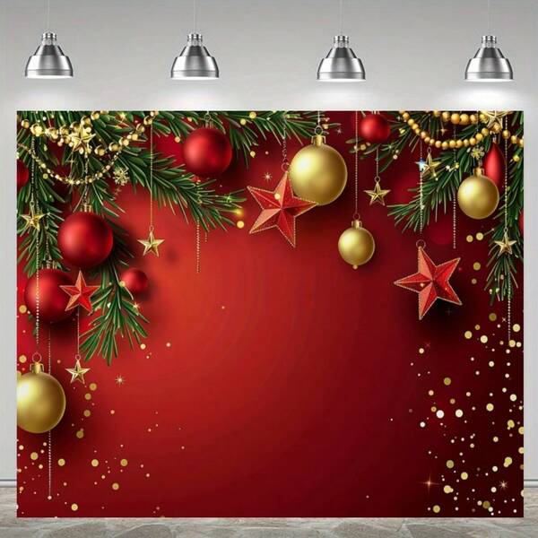 زينة بموضوع عيد الميلاد تتميز بخلفية عيد الميلاد الحمراء، رمزية لعيد الميلاد، مع تصاميم من الزينات والأغصان الصنوبرية وأعلام الحفلات والتفاصيل الاحتفالية. متوفرة بأحجام متعددة. سهلة التعليق، مثالية لديكور المنزل.