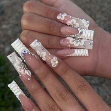 24pcs White 3D Flower Diamond French Nail Art, White French Flower Press Nail Art, Long Coffin Shaped, With Jelly Glue And Nail File - trắng - Xem 8
