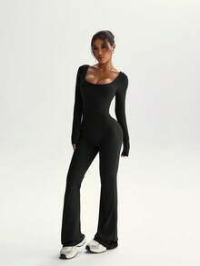 FWH Fashionable Outdoor Yoga, Pilates, Commuting, Dating, Layering Essential Item. This Stretchy Sexy Jumpsuit Features Ruched Butt Design, Lifting And Slimming Effect, Removable Built-In Bra, Long Sleeves, Elegant Back Design, High-End Flared Leg, High-Waisted Tummy Control, Brightening And Radiant.