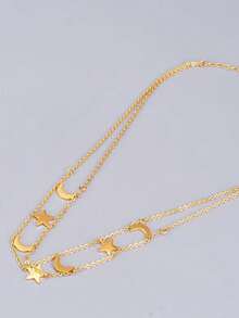 قلادة نسائية من الطبقتين بعنصر النجوم والقمر باللون الذهبي، قلادة خانق من الفولاذ المقاوم للصدأ بشكل النجوم والقمر، إكسسوار يومي متعدد الطبقات، هدية