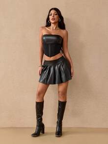 Yuwenier 性感优雅修身黑色PU皮革与布料拼接无肩带露背系带胸衣上衣，适合外出、万圣节、节日派对等场合 - 黑色 - 查看 3