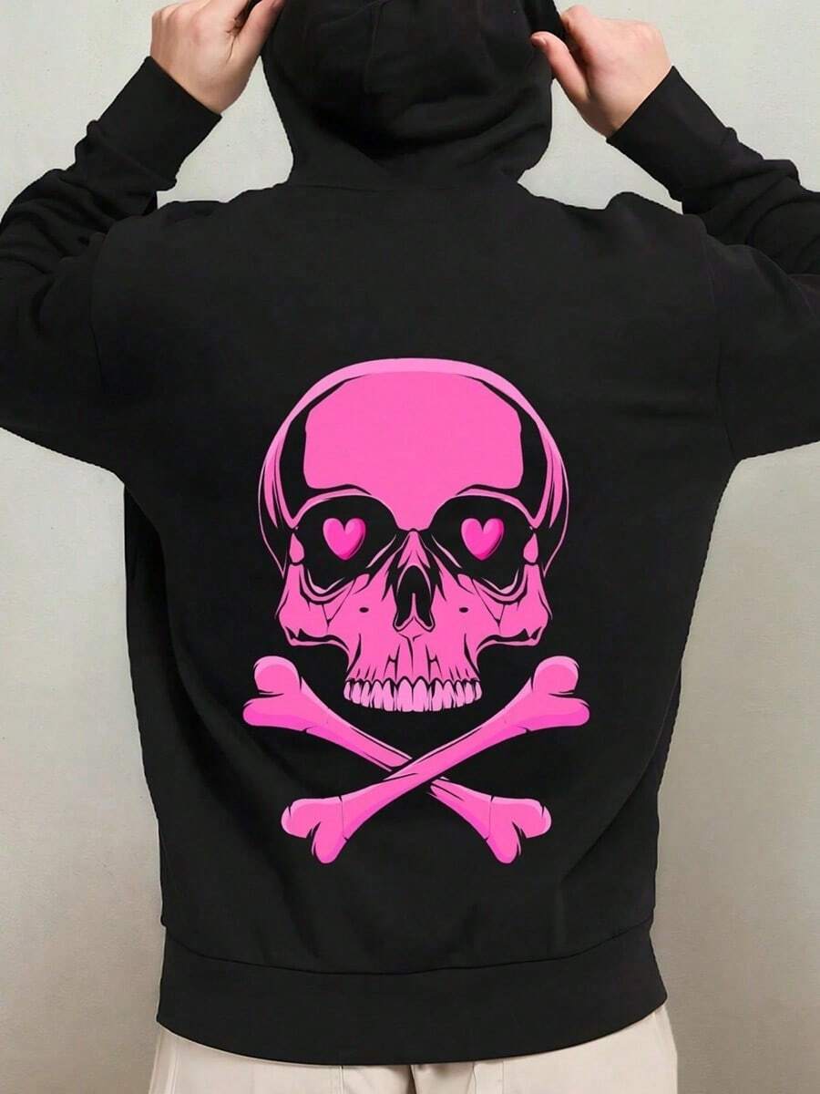 1pc Men'S Gothic Pink Skull & Crossbones Graphic Hooded Sweatshirt - Oversized Black Polyester Pullover With Drawstring Hood, Loose Fit Casual Streetwear For Halloween & Casual Attire, Edgy Unisex,Fall Hoodies,Men's Fall Clothes,Street Wear,Halloween,Mens Hoodies,Y2k Clothes,Jesus Hoodie,Thanksgiving Day,Nightmare Before Christmas,Christmas - Black - View 1