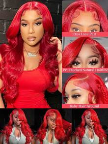 Red 250 Density 13x4 HD Transparent Lace Front Wigs Human Hair Body Wave Glueless Wigs Human Hair Put On And Go Wig For Women Brazilian Remy Red Colored Water Wave Lace Frontal Wigs Human Hair With Baby Hair - Đỏ - Xem 3