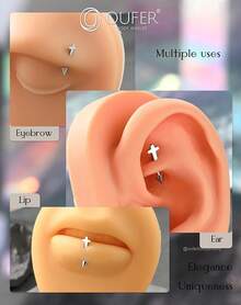 Solid Titanium Eyebrow Rings And Heart Labret Jewelry, 16G - Silver Cross - View 6