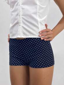 Womens Dots Print Micro Shorts Summer Casual Elastic Waist Slim Fit Booty Shorts Streetwear Shorts - 藍色 - 查看 3