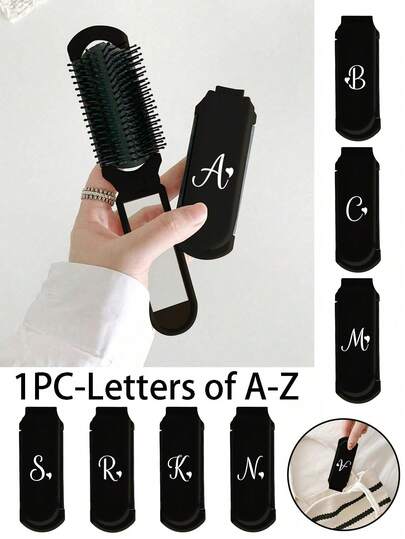 Black 2-In-1 Foldable Hair & Makeup Mirror – Portable, Tabletop, Foldable 180 °, Contemporary Beauty Tool For Travel, Alphabet Letter And White Heart Shaped Artistic Initials A-Z Pattern, Folding Comb With Makeup Mirror, Easy To Carry, Perfect For Travel Outgoing Use, Brush, Hair Brushes, Hair Brush, Detangling Brush, Ball Brush, Mini Hair Brush, Hair Brush Set, Wooden Comb, Hair Brush, Mini Hair Brush, Detangling Brush, Hair Brushes, Curly Hair Brush, Hairdressing Equipment,Travel Essentials,Travel Essential,Hairstyle,Hairdressing,Hair Brush,Slick Back Brush,Styling Brush,Curly Hair Brush,Edge Brush,Hair Comb,Brush Hair,Hair Brush Set,Comb Hair,Comb For Curls,Detangling Brush,Hair Brush For Women,Hair,Travel,Hair Products,Hair Tools,Hair Stuff,Barber,Barber Accessories,Barbershop,Hairdressing Equipment