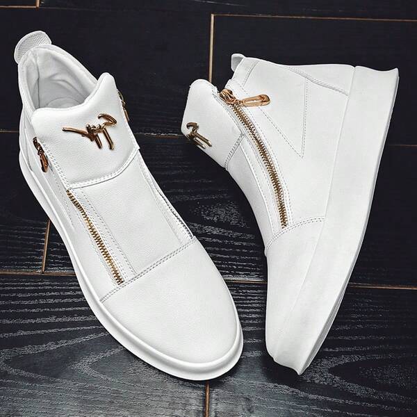 Casual Leather Ankle Boots, High-Top Shoes, Sneakers With Metal Eyelets, Side Zipper, For Daily Wear