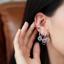 6pcs High Quality Colorful Cubic Zirconia Heart Dangle Earrings For Women - Prata+Ouro - Xem 5