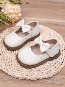 New Girls Embroidered Heart & Bow Round Toe Casual Princess Style Flat Shoes, Suitable For Spring & Autumn