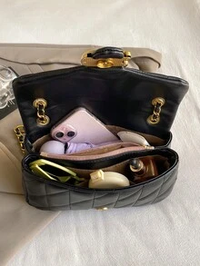 优雅女士单肩包，搭配金色链条肩带、粉色点缀和经典设计 - 时尚双色斜挎包，适合日常使用 - 黑色 - 查看 6