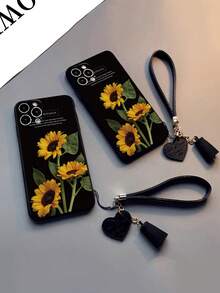 1 Stück perforierte gerade Kante Leopard Sonnenblume bemalte dicke stoßfeste Handyhülle mit dekorativen Accessoires: Neuer Leder-Herzarmband-Riemen, DIY Handyhülle-Anhänger, kurzer Armband-Riemen, Quaste-Anhänger, kompatibel mit iPhone 17pro/17Air /17/17promax16/11, Galaxy S25/S25PLUS/S25 Ultra/A16/A36/A26/A56/A50, 11/12Pro/12 - Verschiedenfarbig - Übersicht 1