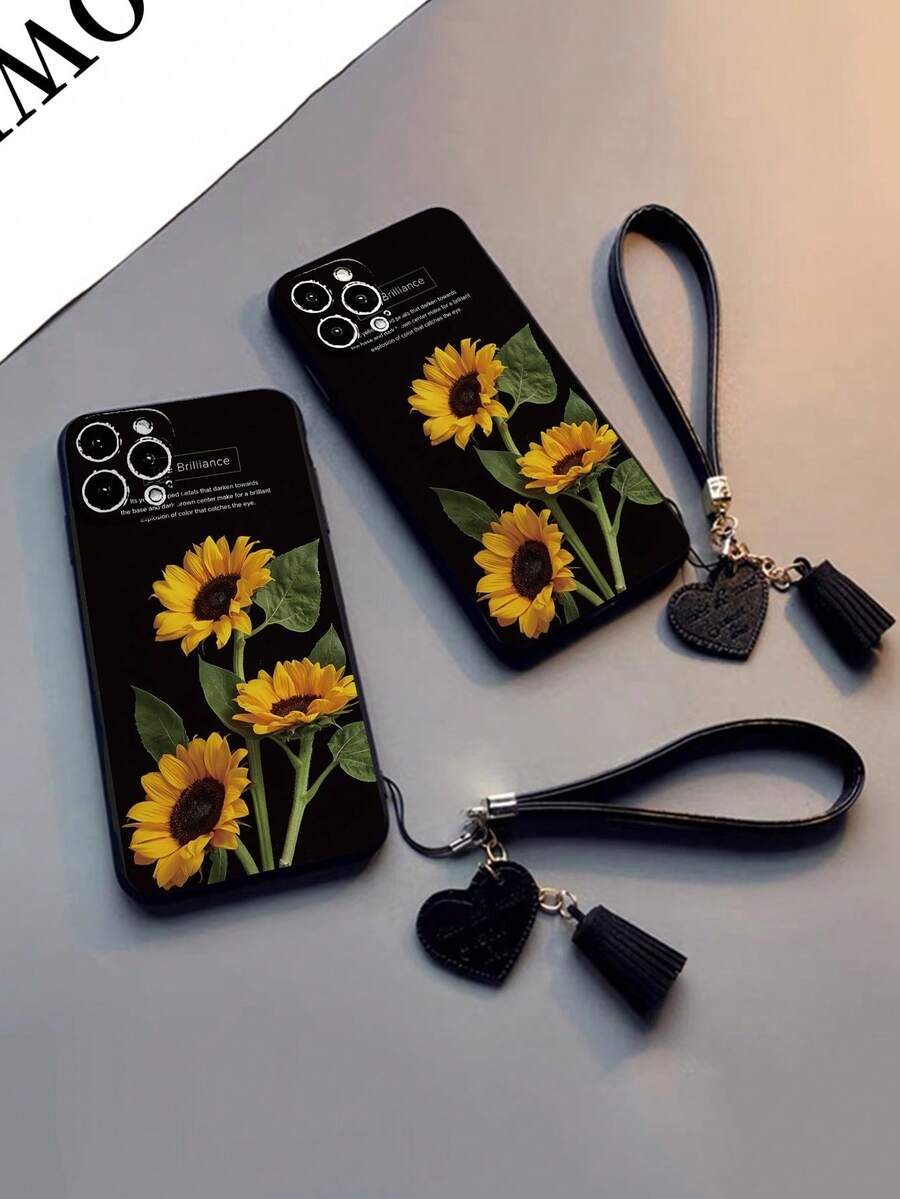 1 Stück perforierte gerade Kante Leopard Sonnenblume bemalte dicke stoßfeste Handyhülle mit dekorativen Accessoires: Neuer Leder-Herzarmband-Riemen, DIY Handyhülle-Anhänger, kurzer Armband-Riemen, Quaste-Anhänger, kompatibel mit iPhone 17pro/17Air /17/17promax16/11, Galaxy S25/S25PLUS/S25 Ultra/A16/A36/A26/A56/A50, 11/12Pro/12 - Verschiedenfarbig - Übersicht 1